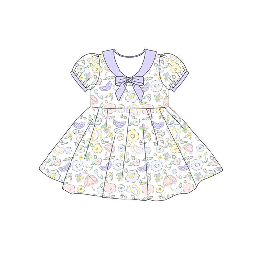 Preorder(moq 5) Baby Girls Ruffle Sleeve Flowers Masks Mardigras Knee Length Dresses