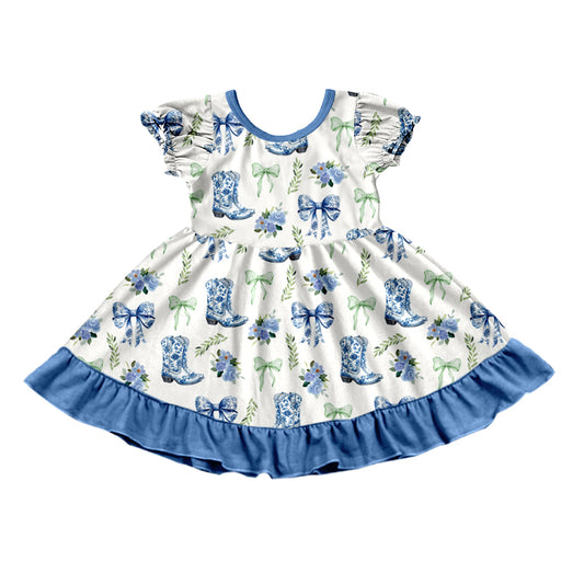 Preorder (moq 5) Baby Girl Clothes Blue Cowboy Boot Bow Floral Mixed Print Short Sleeve Ruffle Twirl Dress