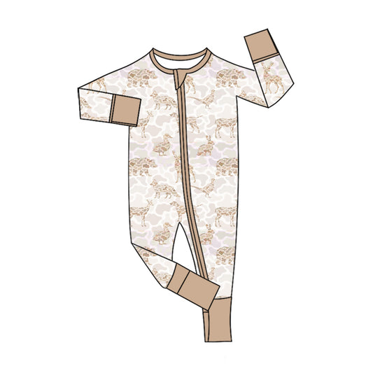 Preorder (moq 5)Baby Boys Deer Ducks Camo Hunting Two Way Zip Convertible Rompers