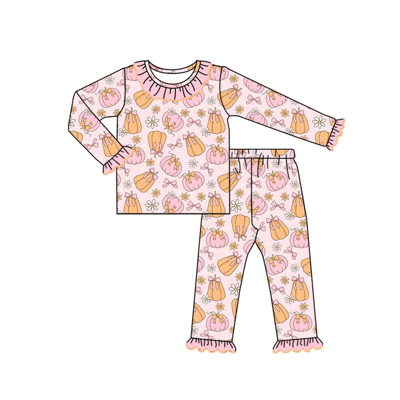 preorder(MOQ 5)Baby Girls Pink Long Ruffle Sleeves Pumpkins Bows Top Pants Pajamas Set