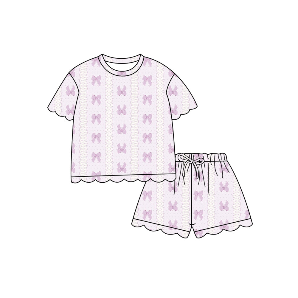 Preorder (moq 5)Baby Girls Lavender Bow Polka Dots Stripe Top Scallop Shorts Clothes Sets