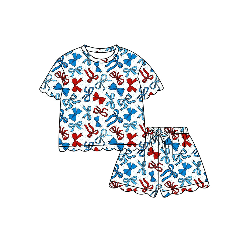 Preorder (moq 5)Baby Girls Red Blue Bows Top Scallop Shorts 4th of July Clothes Sets