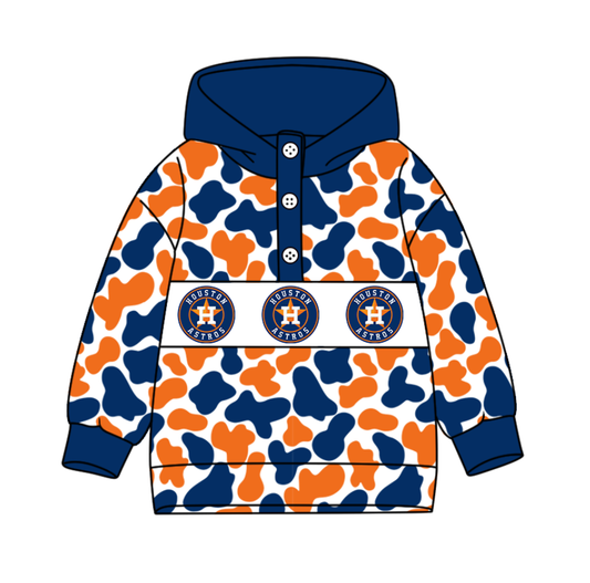 Preorder(moq 8)Baby Boys Blue Orange Camo Houston Team Button Hoodies Top