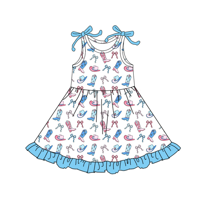 Preorder (moq 5)Baby Girls Sleeveless Blue Bows Boots Hats Knee Length Dress