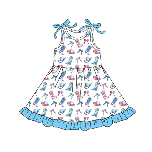 Preorder (moq 5)Baby Girls Sleeveless Blue Bows Boots Hats Knee Length Dress