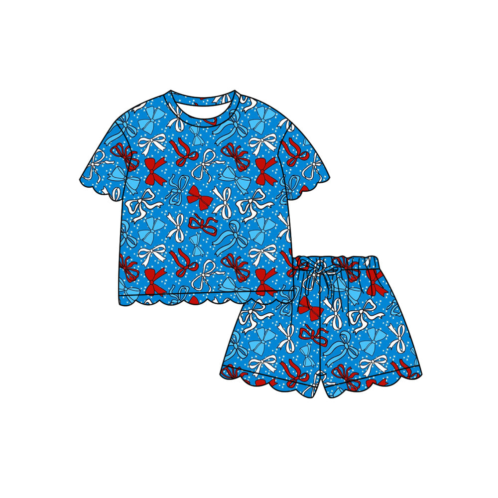 Preorder (moq 5)Baby Girls Red Blue Bows Top Scallop Shorts 4th of July Clothes Sets