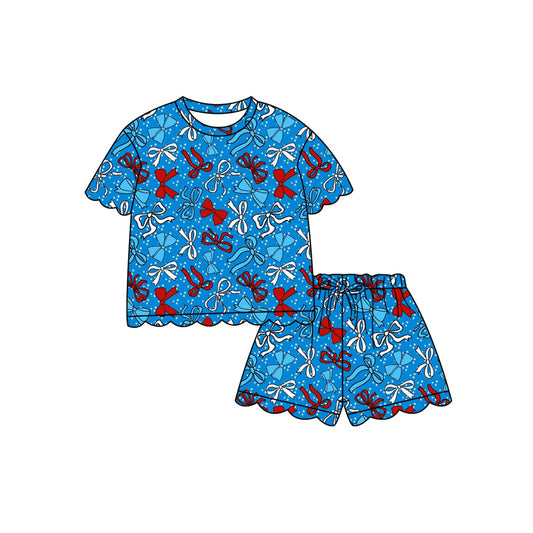 Preorder (moq 5)Baby Girls Red Blue Bows Top Scallop Shorts 4th of July Clothes Sets