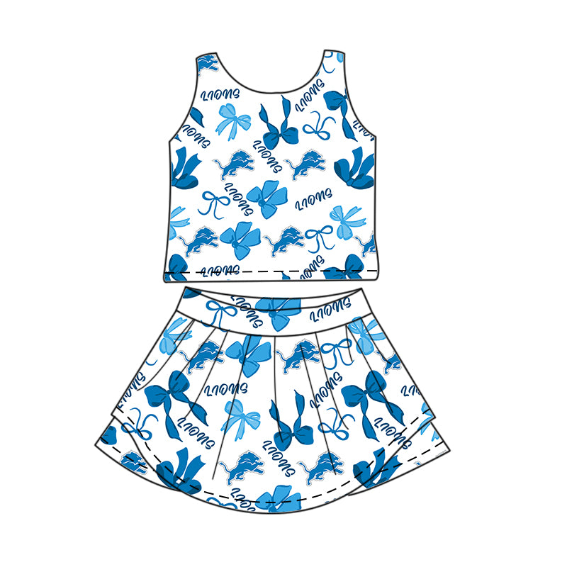 Preorder (moq 5)Baby Girls Sleeveless Blue Bows Plaid Lions Top Skorts Team Set