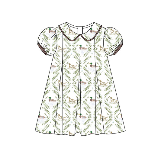Preorder (moq 5)Baby Girls Short Ruffle Sleeves Dogs Ducks Knee Length Dress