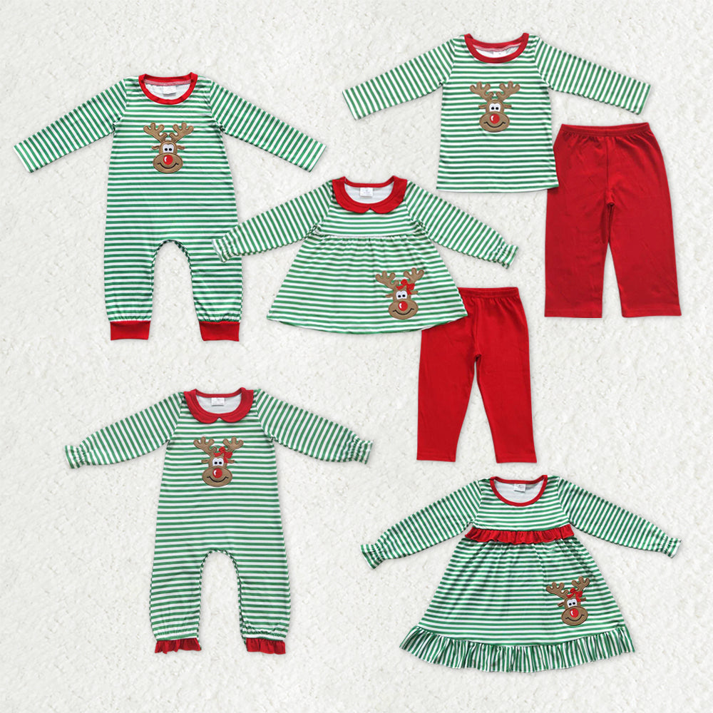 Sibling Baby Kids Christmas Embroidery Deer Stripe Clothes Sets Rompers Dresses