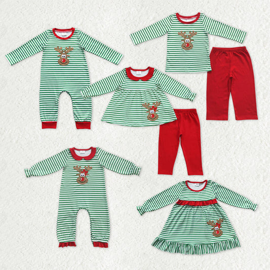 Sibling Baby Kids Christmas Embroidery Deer Stripe Clothes Sets Rompers Dresses