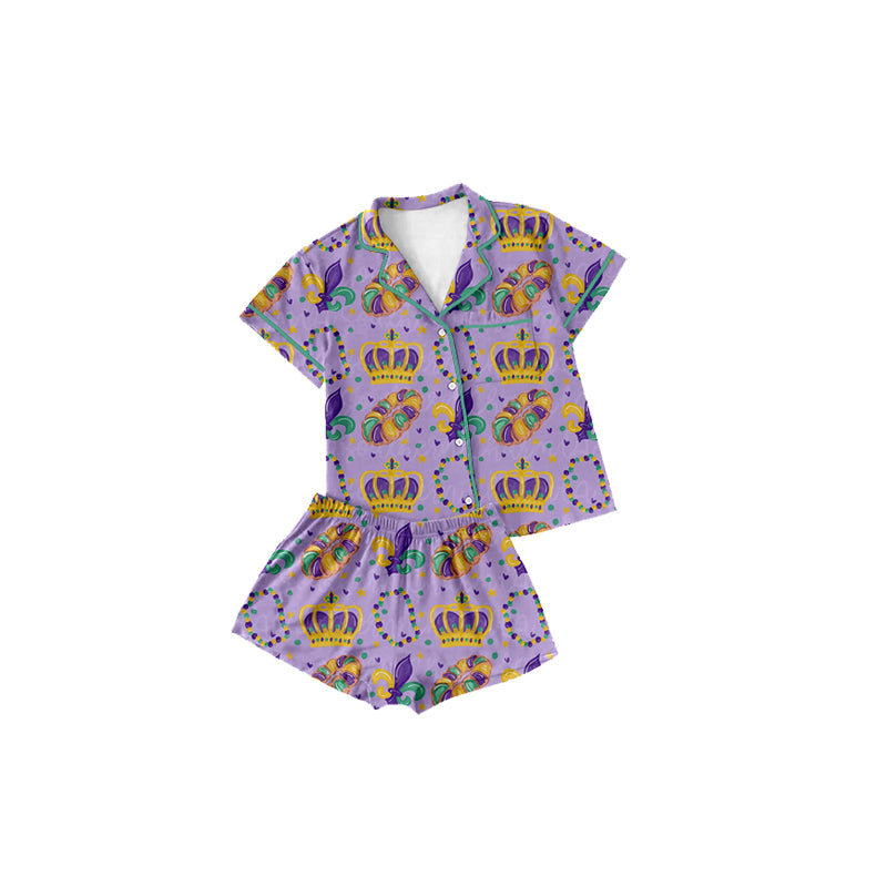 Preorder (moq 5) Baby Girl Clothes Mardi Gras Crown King Cake Fleur De Lis Print Short Sleeve Button Pajama Short Set