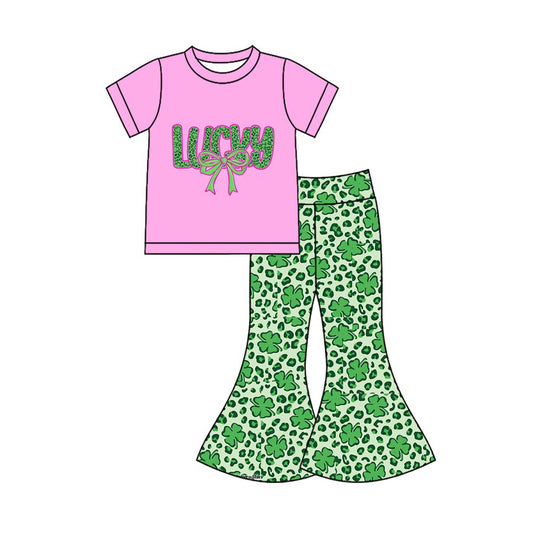 Preorder(moq 8)Baby Girls Clovers Lucky Top Bell Bottom Pants St Patrick Clothes Sets