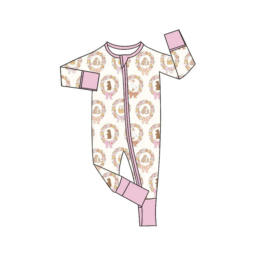 Preorder (moq 5)Baby Girls Holly Rabbits Eggs Easter Two Way Zip Convertible Rompers