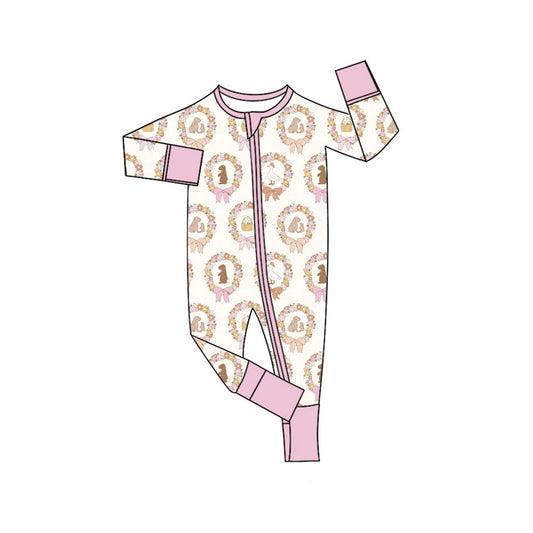 Preorder (moq 5)Baby Girls Holly Rabbits Eggs Easter Two Way Zip Convertible Rompers