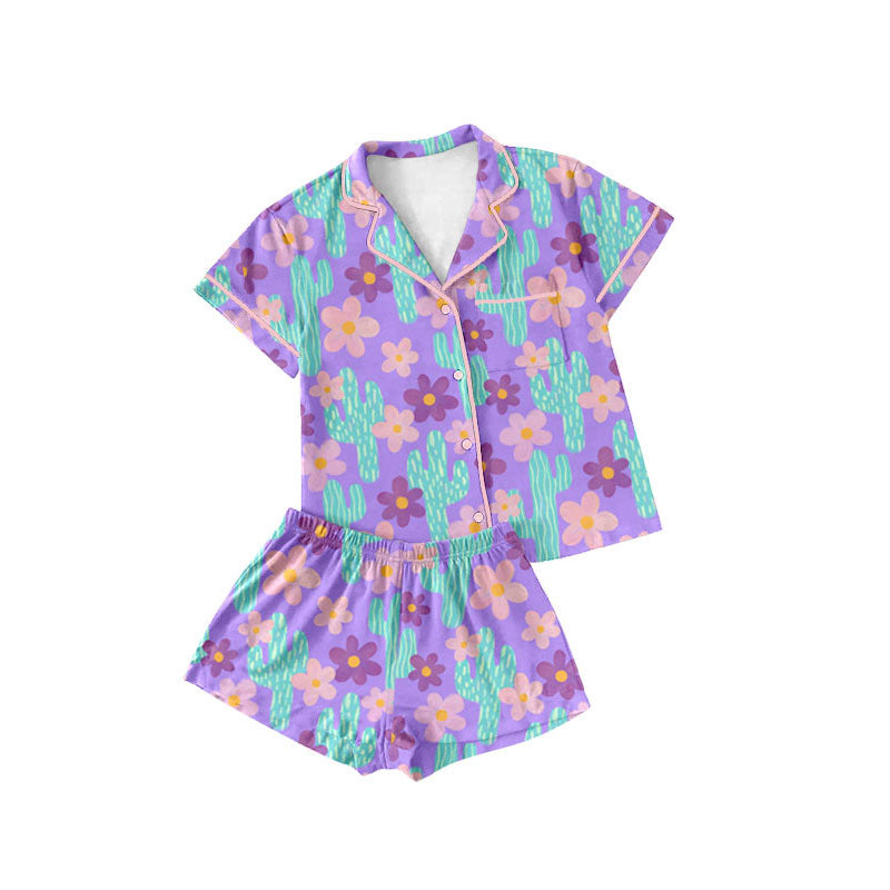 Preorder(moq 5) Baby Girls Flowers Cactus Button Pockets Top Shorts Western Pajamas Sets
