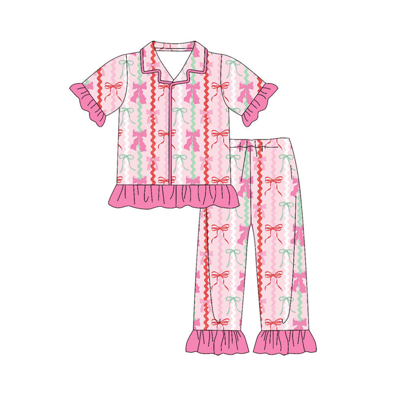 Preorder(moq 8)Baby Girls Red Green Bows Stripe Button Top Ruffle Pants Christmas Pajamas Sets