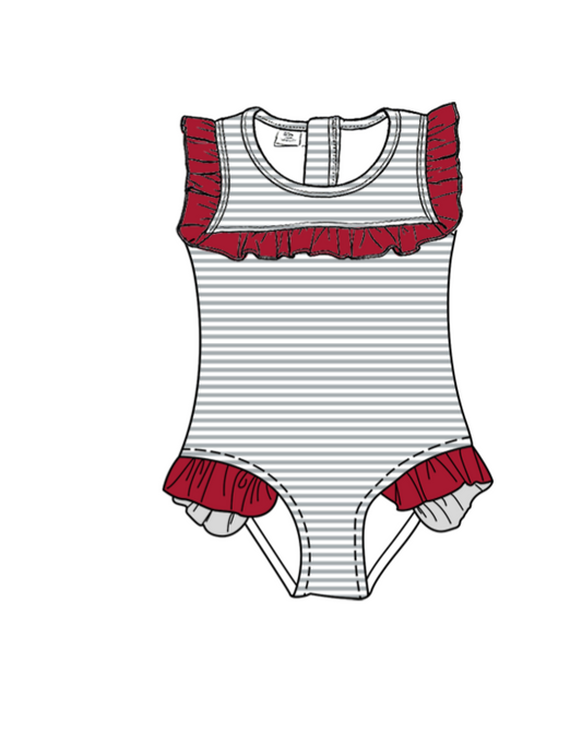 Preorder moq 5 Baby Girls Sleeveless Grey Stripe Team Swimsuits