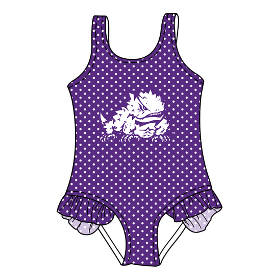 Preorder moq 5 Baby Girls Sleeveless Purple Polka Dots Frogs Team Swimsuits