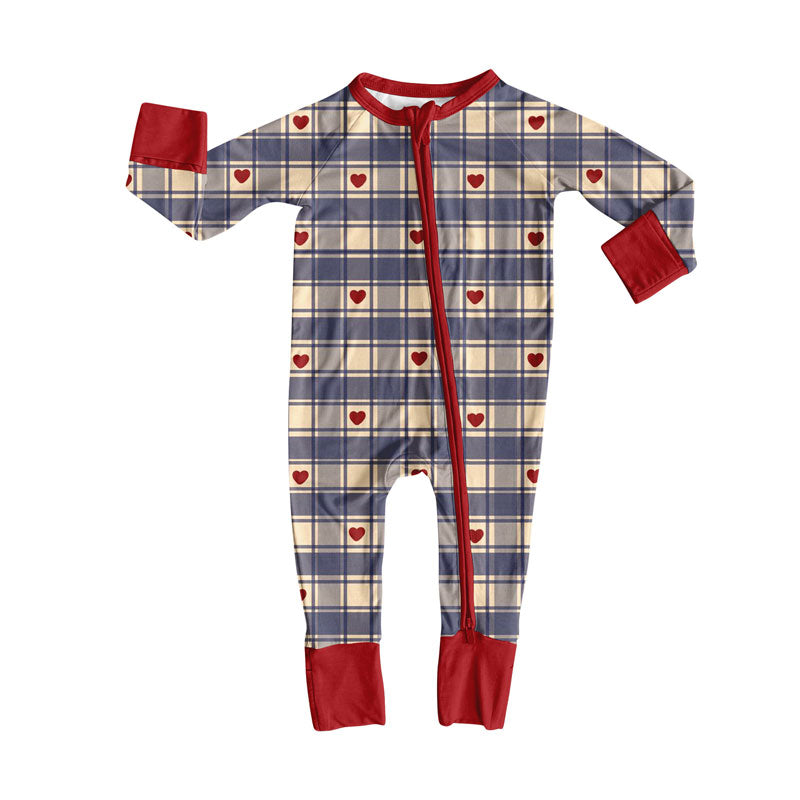 Preorder (moq 5)Baby Boys Hearts Checked Valentine Zipper Footie Rompers