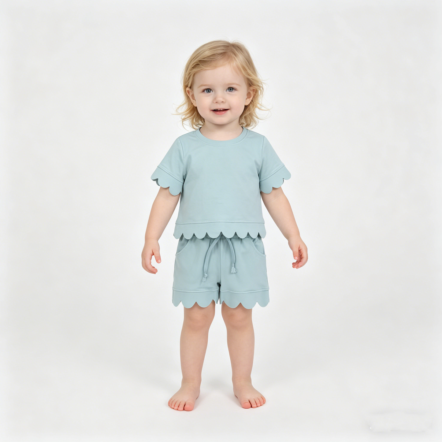 Sibling Baby Girls Short Sleeve Top Pockets Shorts Scallop Cotton Clothes Sets