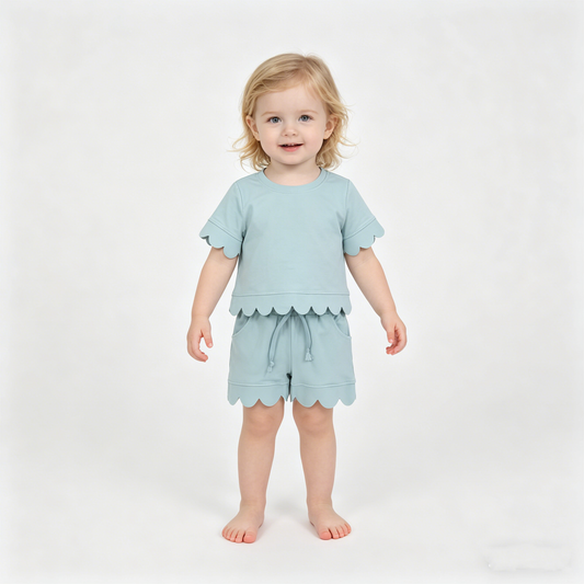 Sibling Baby Girls Short Sleeve Top Pockets Shorts Scallop Cotton Clothes Sets