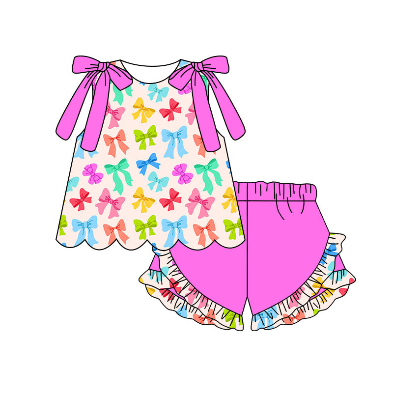 Preorder (moq 5)Baby Girls Sleeveless Colorful Bows Tunic Ruffle Short Clothes Sets