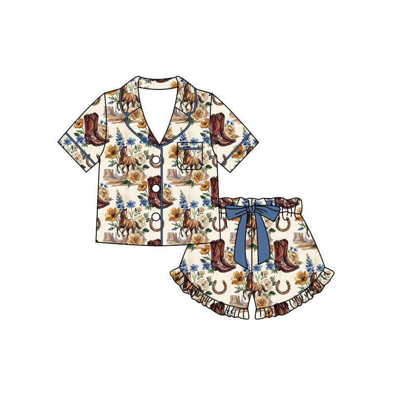 Preorder (moq 5)Baby Girls Flower Boot Hoses Pocket Button Top Ruffle Short Western Pajamas Sets
