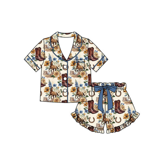 Preorder (moq 5)Baby Girls Flower Boot Hoses Pocket Button Top Ruffle Short Western Pajamas Sets