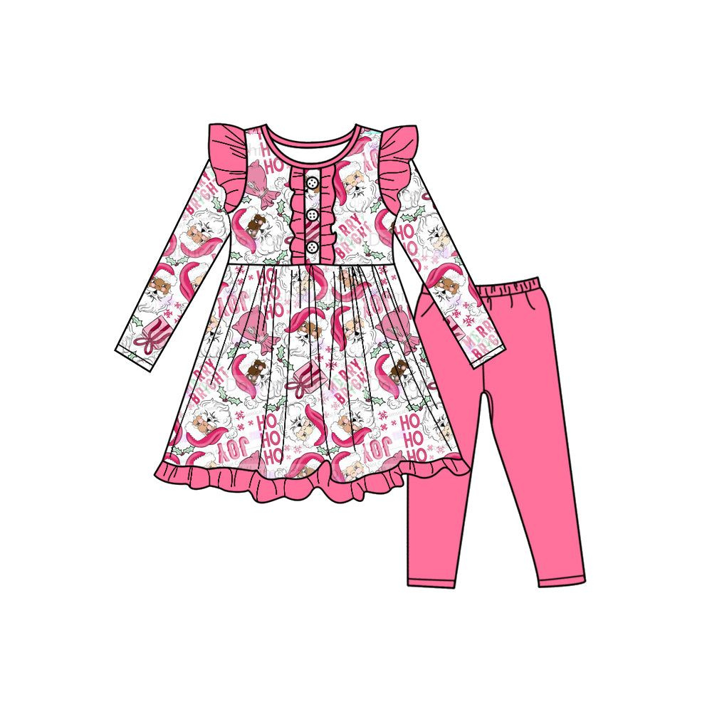 Preorder (moq 5)Baby Girls Long Sleeves Pink Santa Plaid Button Tunic Leggings Pants Set