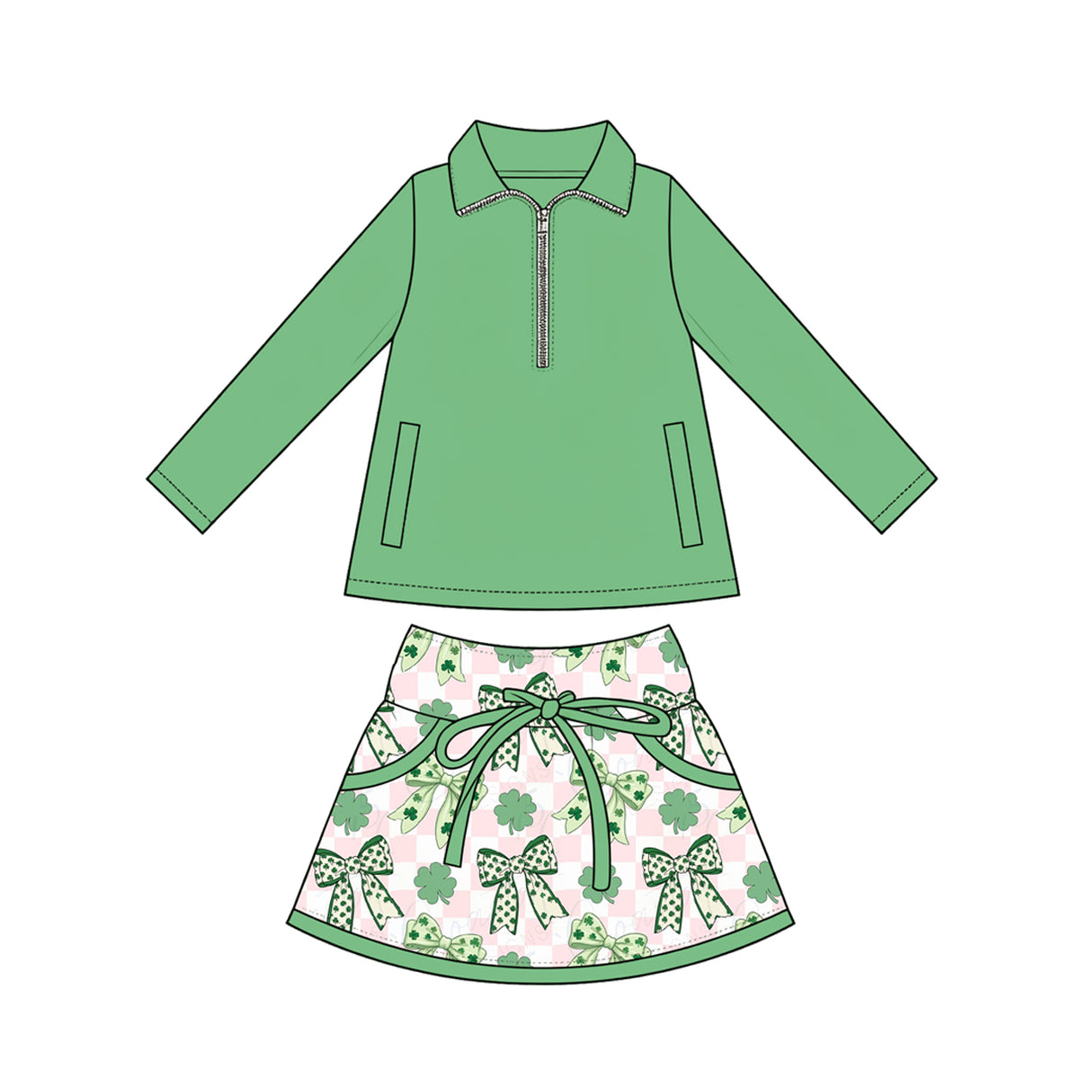 Preorder (moq 5) Baby Girl Clothes St Patrick Clover Bow Checker Print Green Long Sleeve Half Zip Top Bow Skirt Set