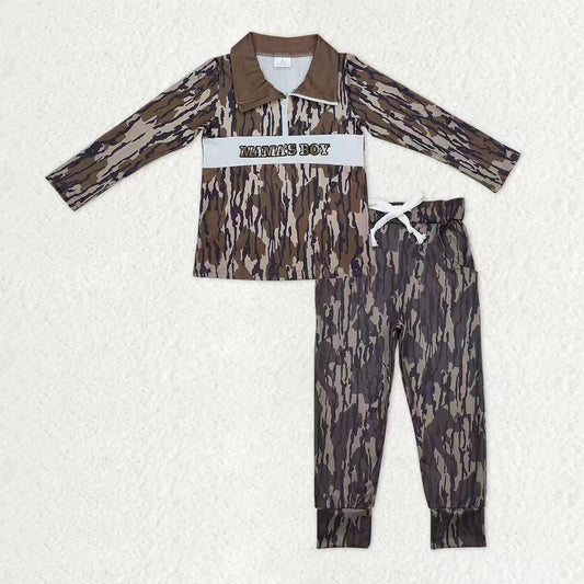 Baby Boys Southern Olive Camo Embroidery Mama's Boy Zip Pullover Pockets Legging Clothes Sets