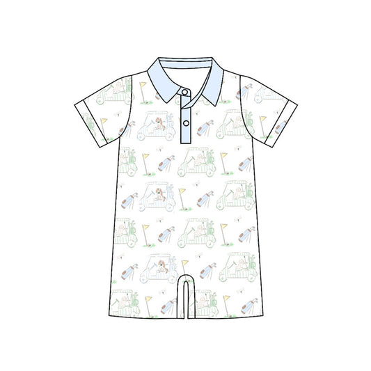 Preorder (moq 5)Baby Boys Light Blue Golf Trucks Button Short Rompers