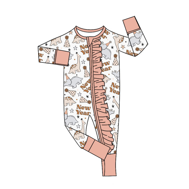 Preorder (moq 20)Baby Girls Bamboo Stars Dinosaurs Happy New Year Zippy Footie Rompers
