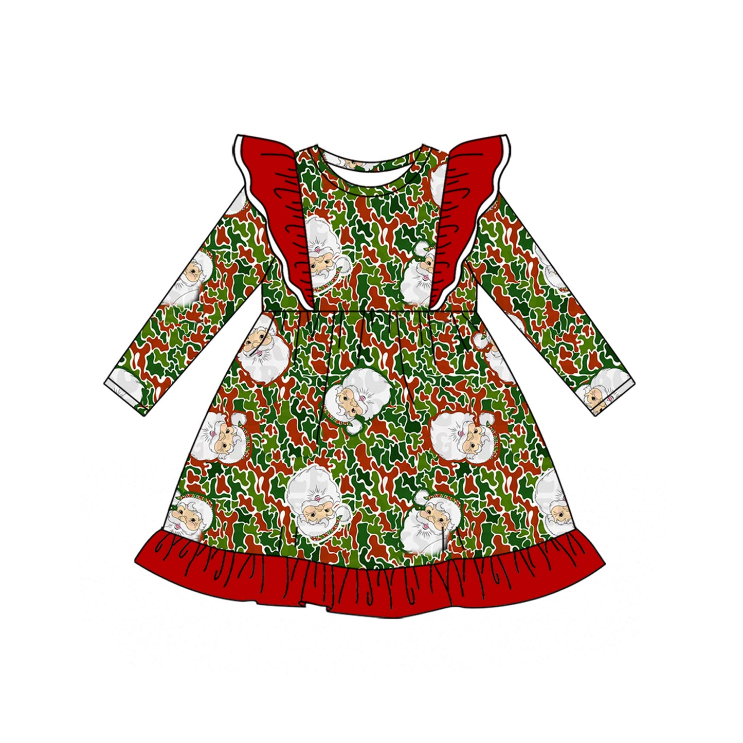 Preorder (moq 5)Baby Girls Green Red Camo Santa Christmas Ruffle Knee Length Dress