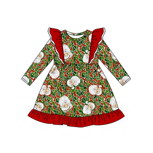 Preorder (moq 5)Baby Girls Green Red Camo Santa Christmas Ruffle Knee Length Dress