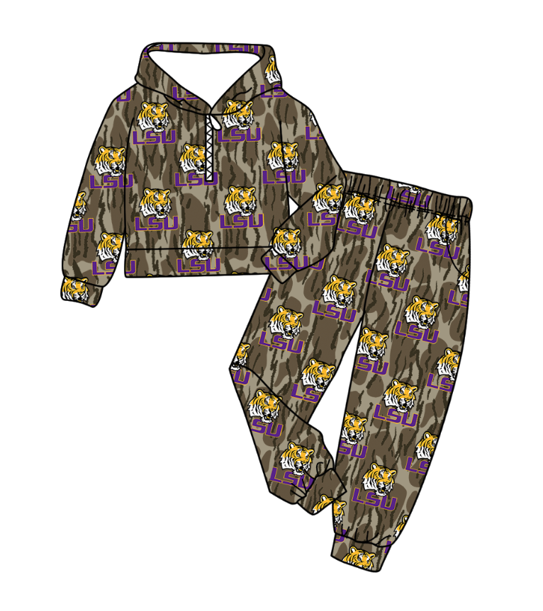 Preorder(moq 5) Baby Boys Olive Camo LSU Tigers Zipper Hoodies Pockets Pants Team Clothes Sets