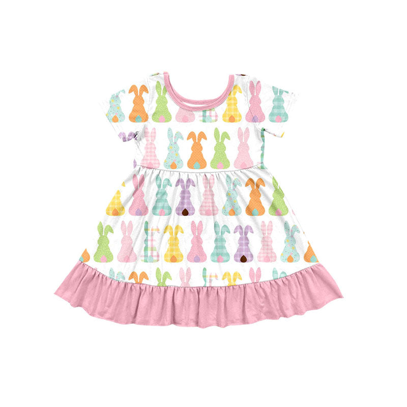 Preorder(moq 8)Baby Girls Colorful Rabbits Stripes Easter Ruffle Knee Length Dresses