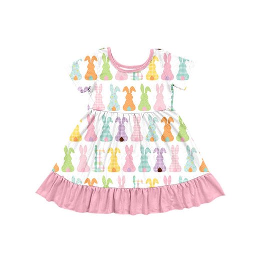 Preorder(moq 8)Baby Girls Colorful Rabbits Stripes Easter Ruffle Knee Length Dresses