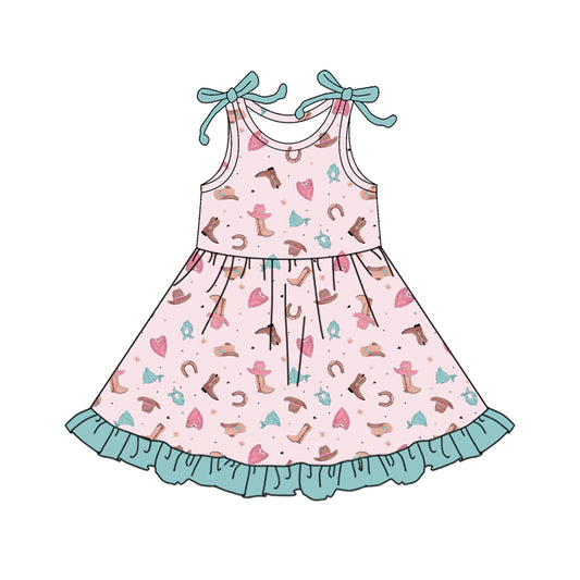 Preorder (moq 5)Baby Girls Bows Sleeveless Boots Hats Western Ruffle Knee Length Dresses