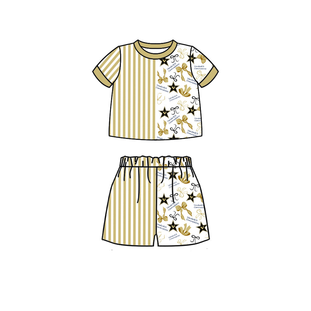 Preorder (moq 5)Baby Girls Gold Stripe Bows V Shirt Top Short Team Clothes Set