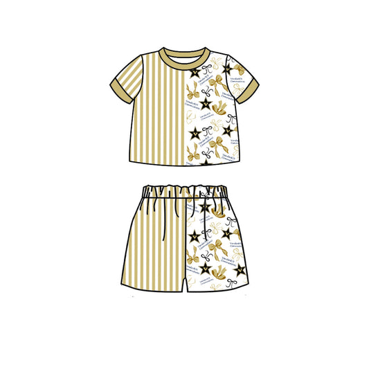 Preorder (moq 5)Baby Girls Gold Stripe Bows V Shirt Top Short Team Clothes Set