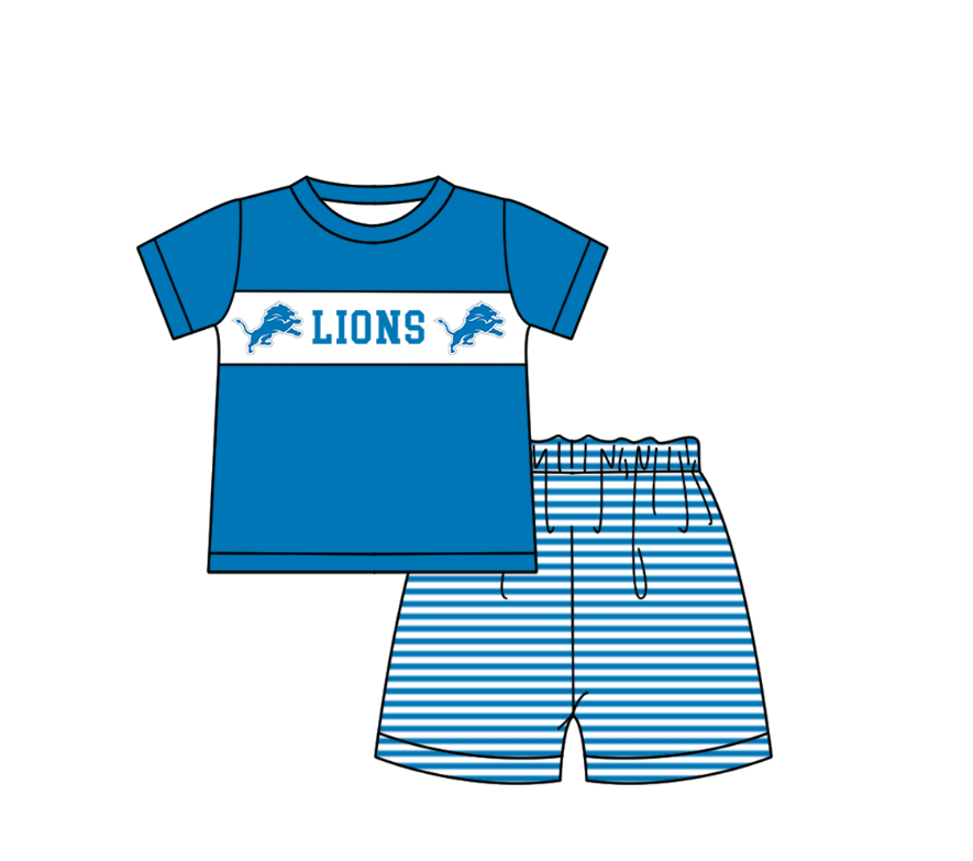 Preorder (moq 5)Baby Boys Blue Short Sleeve Lions Top Stripe Shorts Team Clothes Sets
