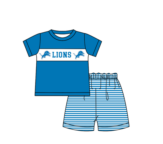 Preorder (moq 5)Baby Boys Blue Short Sleeve Lions Top Stripe Shorts Team Clothes Sets
