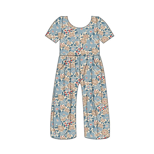 Preorder (moq 5)Baby Girls Short Sleeve Colorful Flowers Pockets Pants Jumpsuits