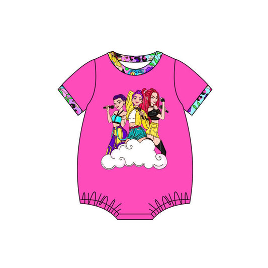Preorder (moq 5)Baby Girls Pink Short Sleeve Cartoon Girls Flowers Ruffle Rompers