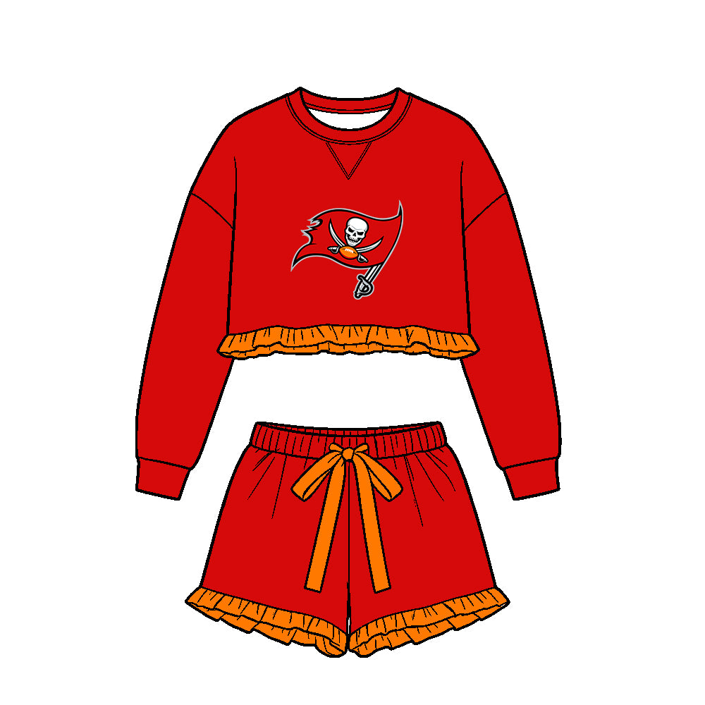 Preorder (moq 5)Baby Girls Red Long Sleeve Buccaners Top Ruffle Short Team Clothes Set