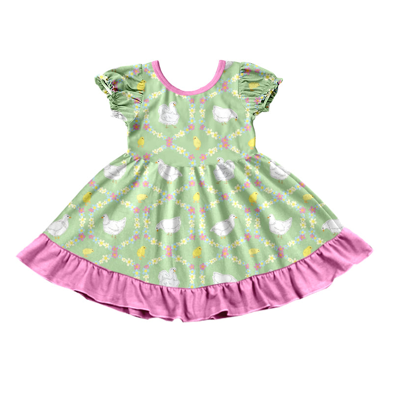 Preorder (moq 5) Baby Girl Clothes Easter Duck Chick Floral Print Short Sleeve Ruffle Twirl Dress