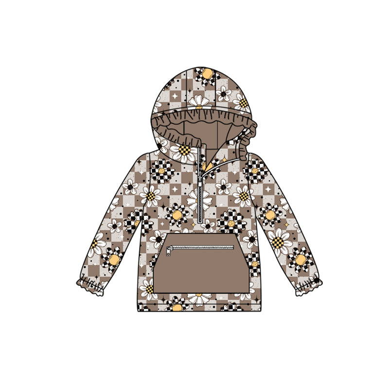 preorder(moq 5) Baby Girls Long Sleeves Khaki Flowers Plaid Pocket Zipper Hoodies Top