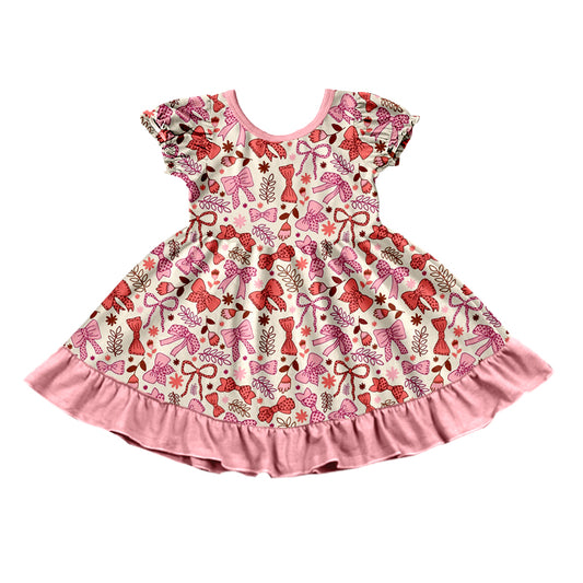 Preorder (moq 5)Baby Girls Pink Flowers Bows Ruffle Knee Length Dresses